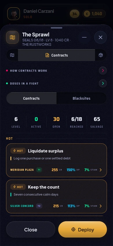 The jobs board with payouts and stamina costs.