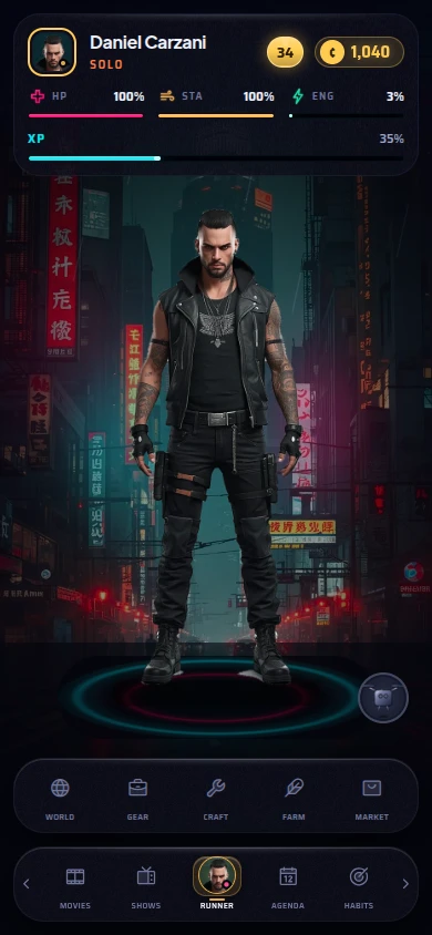 The Runner screen: your character standing on a street, with health, stamina, energy and XP bars above.